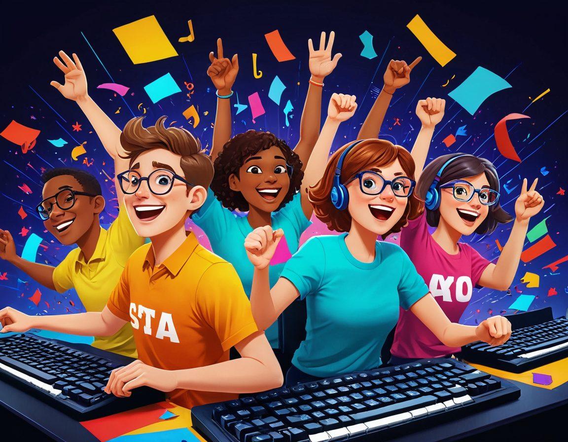 A vibrant scene depicting a diverse group of people joyfully engaged in a colorful typing competition, with exaggerated keyboard animations and fun game elements like floating letters and scoreboards. Include elements like a glowing leaderboard, cheerful expressions, and dynamic action lines to convey excitement and engagement. Bright colors and playful typography should enhance the atmosphere. cartoon style. vibrant colors. detailed background.