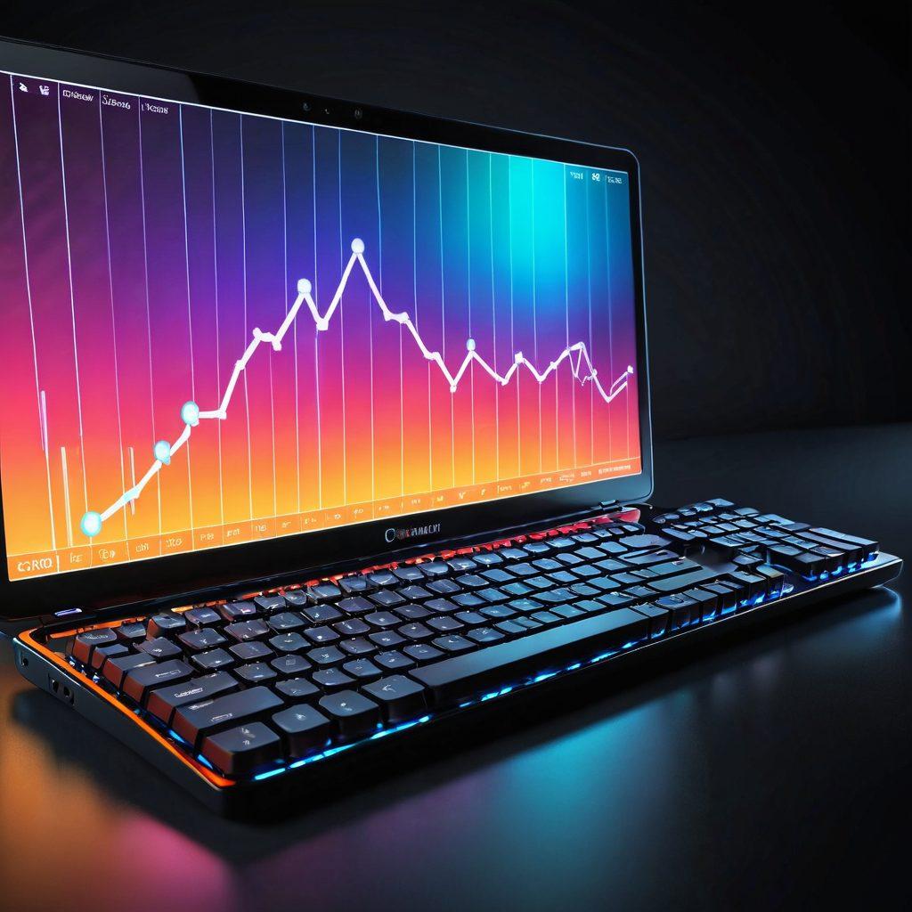 A dynamic illustration of a keyboard with glowing keys, surrounded by a rising graph symbolizing improvement in typing speed, accompanied by icons representing strategies like focus, practice, and technique. In the background, a silhouette of a novice transforming into a confident champion at a computer. vibrant colors. modern design. 3D.